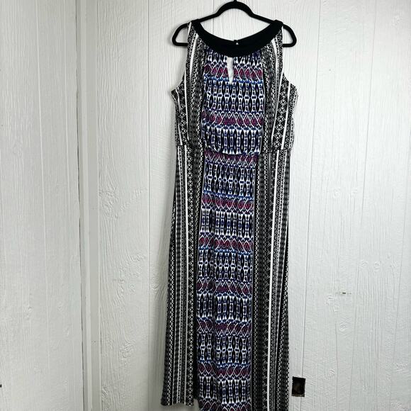 London Times Plus Black Blue Pink Abstract Jersey Stretch Maxi Dress Sz18W Artsy - Picture 11 of 13